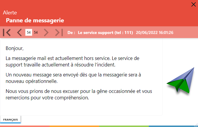 Message d'alerte panne messagerie mail